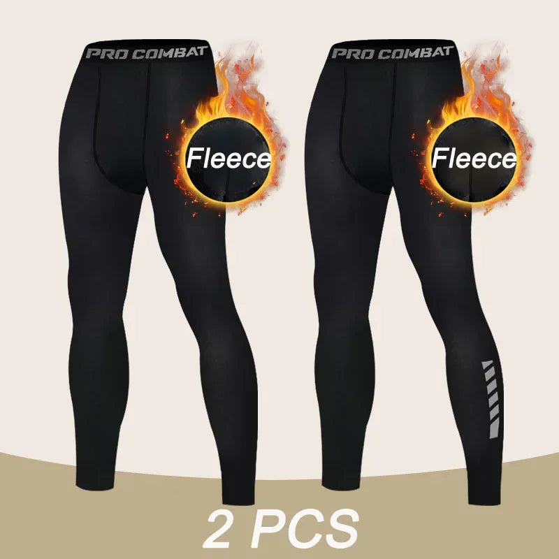 Mens Warm Compression Leggings 1-2 Pcs Sport Training Pants Dry Fit Running Tights Fitness